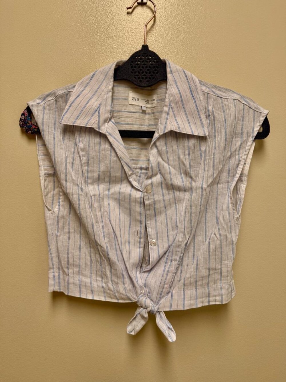 Zara Girls White Blue Stripe Tie Front Top Size 11/12